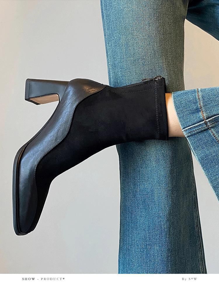 Boots Faux Block Heel Short Leather