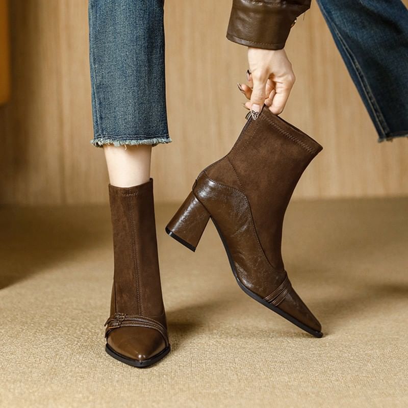 Heel Short Block Boots Pointed
