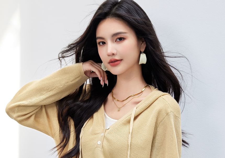 Two Hoodie Mock Two-Piece V-Neck Knit Tone