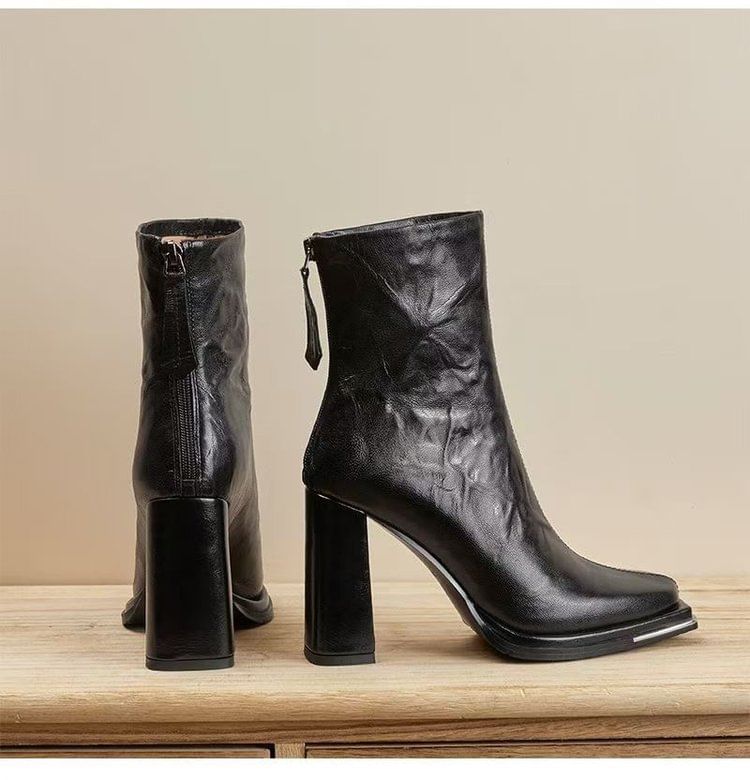 Boots Plain Chunky Heel Short