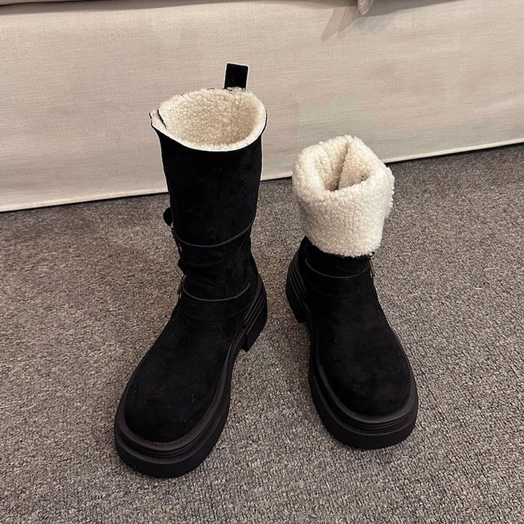 Boots Fur Mid Calf Buckled Faux