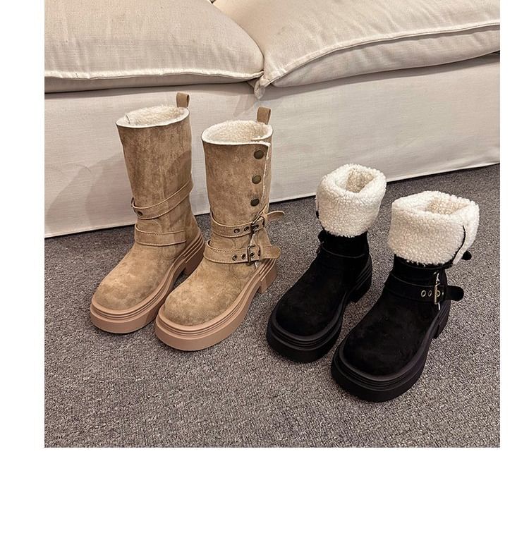 Boots Fur Mid Calf Buckled Faux