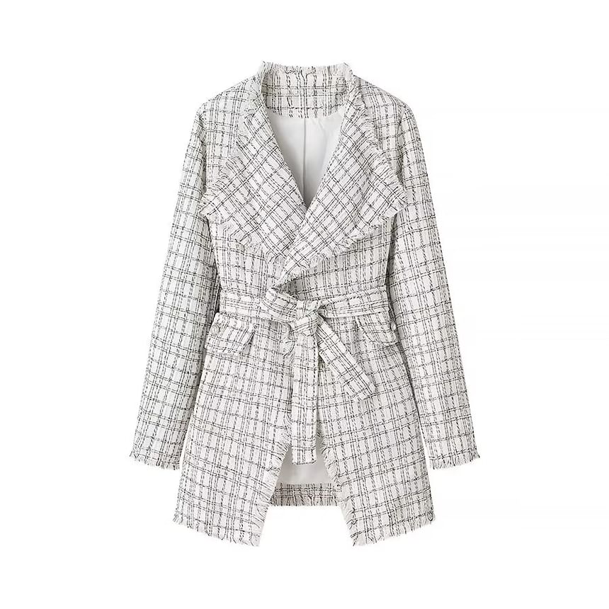 Collared Fray Tweed Tie Front Coat