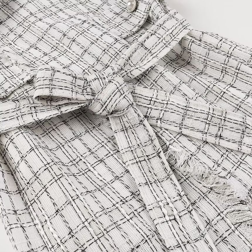 Collared Fray Tweed Tie Front Coat