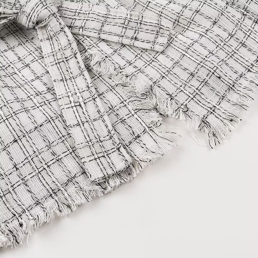 Collared Fray Tweed Tie Front Coat