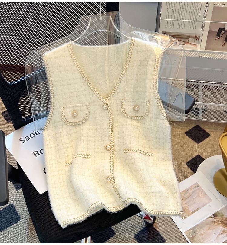 Sleeveless V-Neck Faux Pearl Button Tweed Vest