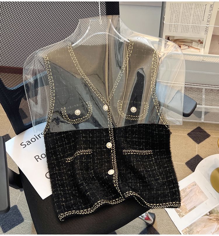 Sleeveless V-Neck Faux Pearl Button Tweed Vest