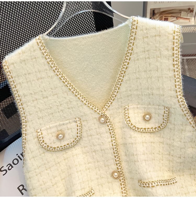 Sleeveless V-Neck Faux Pearl Button Tweed Vest