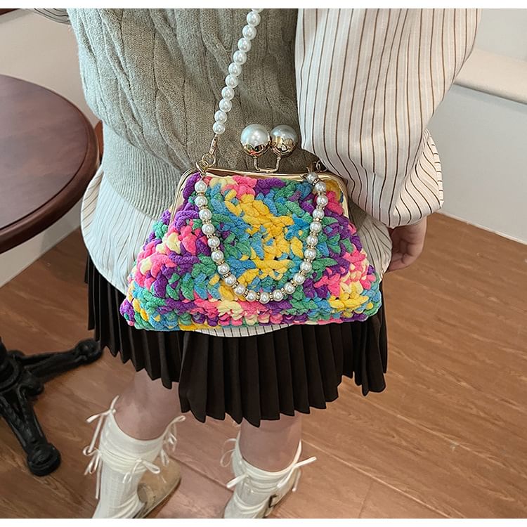Patterned Faux Pearl Crossbody Bag