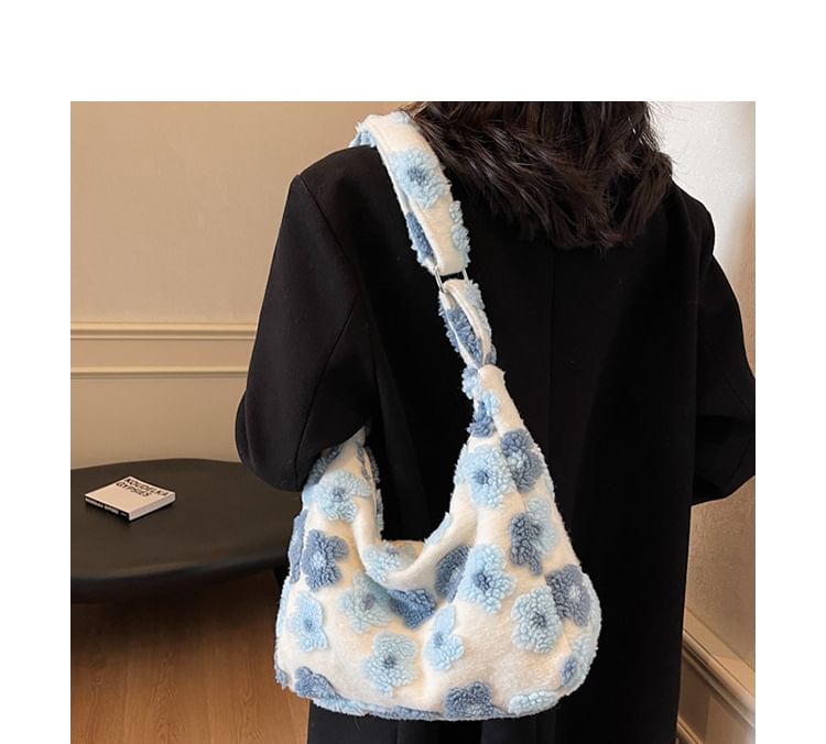 Floral Faux Shearling Tote Bag