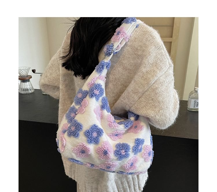 Floral Faux Shearling Tote Bag