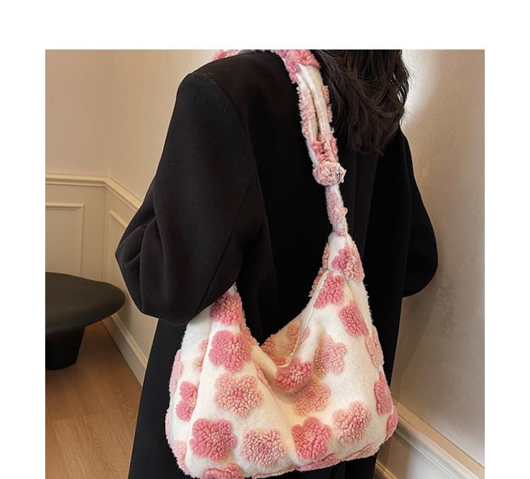 Floral Faux Shearling Tote Bag