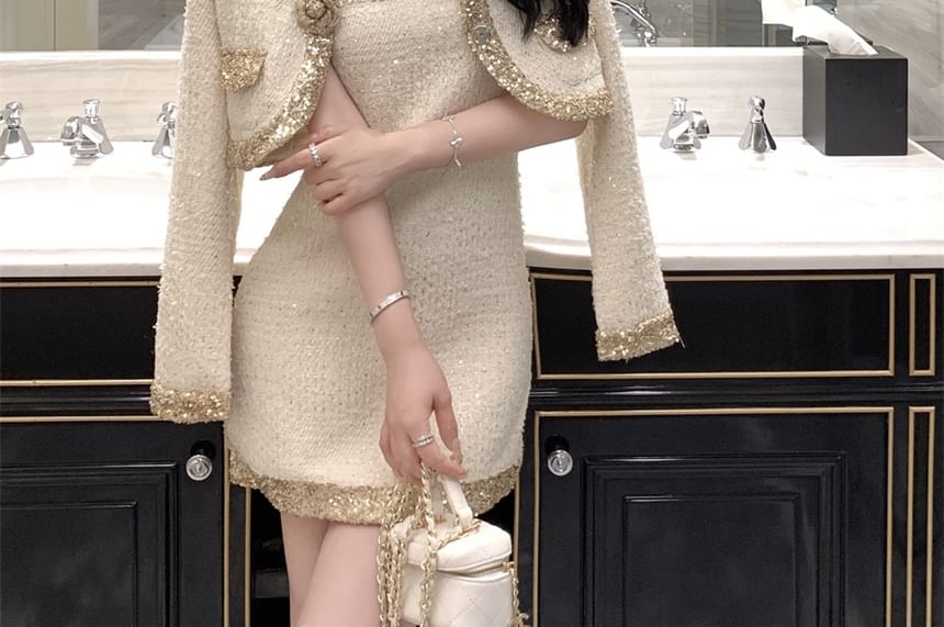 Set: Spaghetti Strap Glitter Tweed Mini A-Line Dress + Flower Crop Cardigan