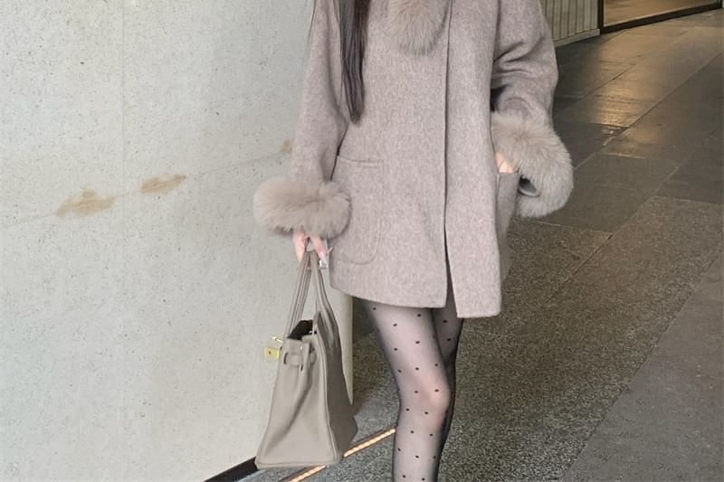 Oversized Detachable Furry-Trim Wool Jacket
