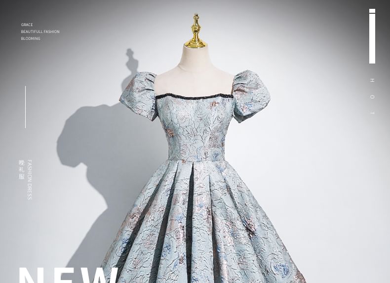 Puff Sleeve Square Neck Pleated Jacquard A-Line Evening Gown