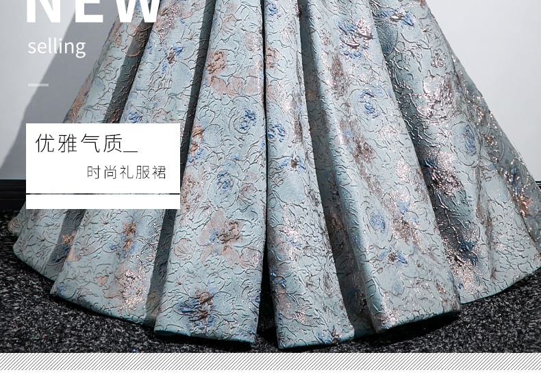 Puff Sleeve Square Neck Pleated Jacquard A-Line Evening Gown