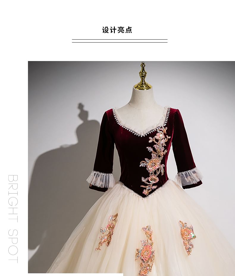 3/4-Sleeve V-Neck Beaded Floral Applique Mesh Panel Velvet A-Line Evening Gown