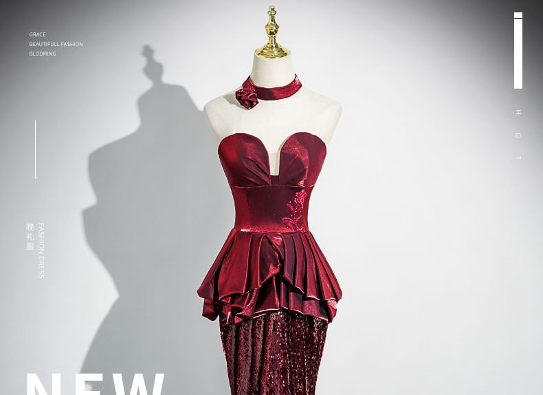 Sequin Peplum Panel Trumpet Tube Evening Gown