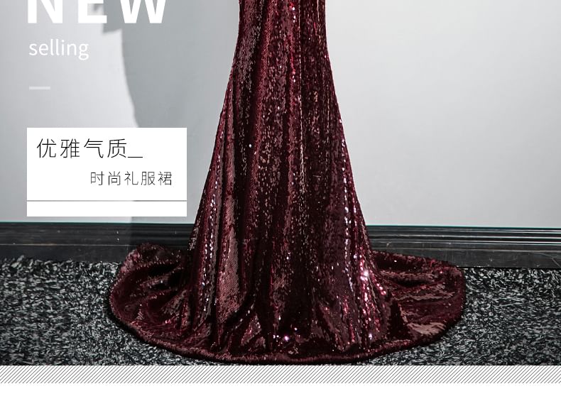 Sequin Peplum Panel Trumpet Tube Evening Gown