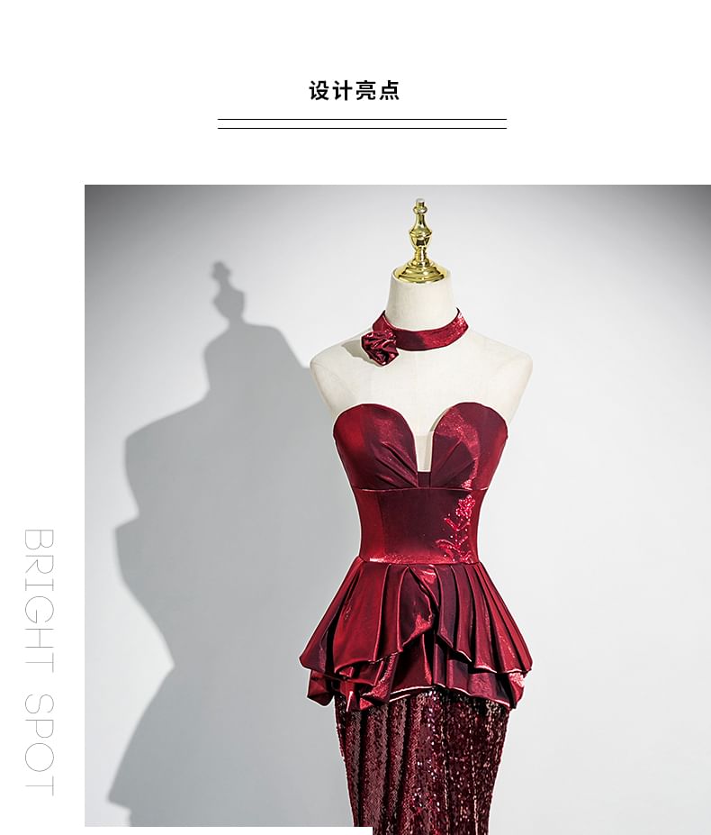 Sequin Peplum Panel Trumpet Tube Evening Gown