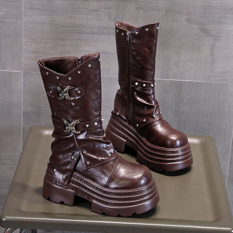 Calf Platform Mid Buckle Boots