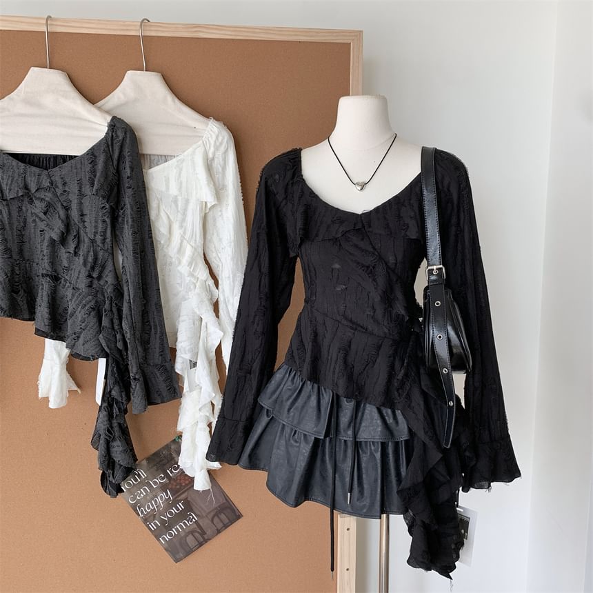Trim Plain Top Scoop Ruffle Asymmetrical Neck Long-Sleeve