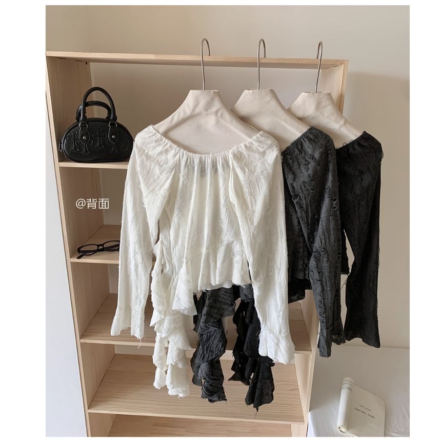 Trim Plain Top Scoop Ruffle Asymmetrical Neck Long-Sleeve