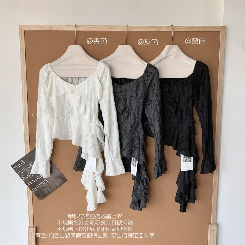 Trim Plain Top Scoop Ruffle Asymmetrical Neck Long-Sleeve