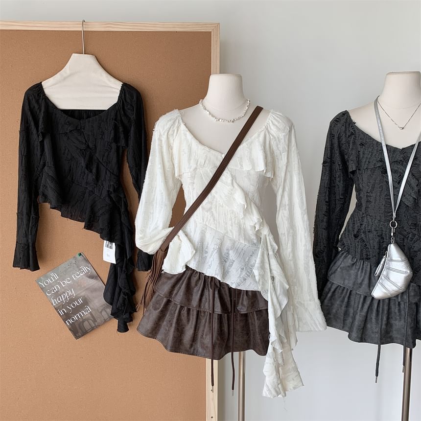 Trim Plain Top Scoop Ruffle Asymmetrical Neck Long-Sleeve