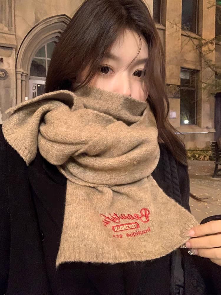 Lettering Embroidered Plaid / Plain Scarf