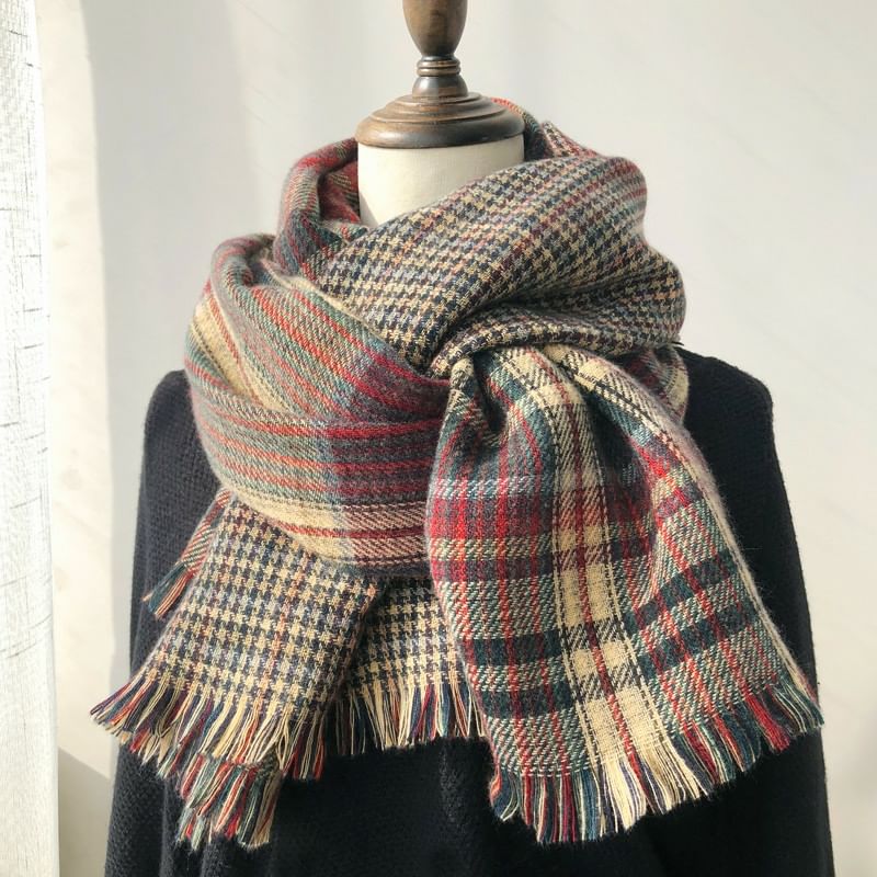 Lettering Embroidered Plaid / Plain Scarf