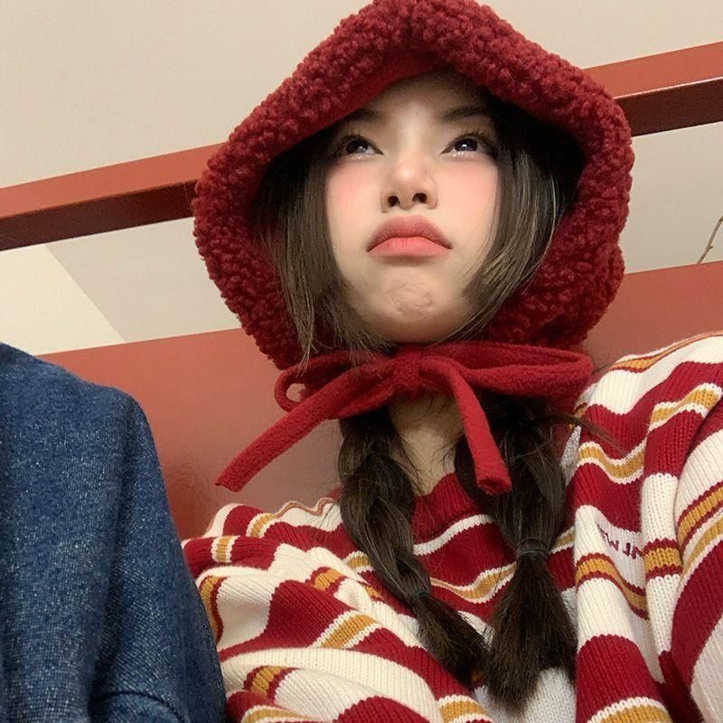 Plain Fleece / Tie-Up Hat Beanie Knit Cable