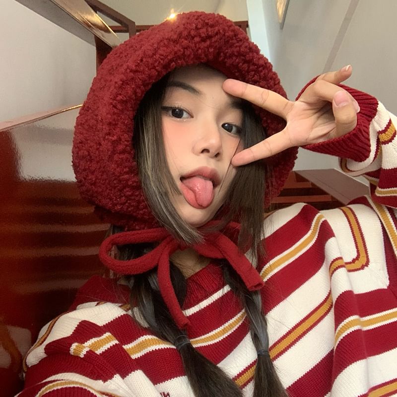 Plain Fleece / Tie-Up Hat Beanie Knit Cable