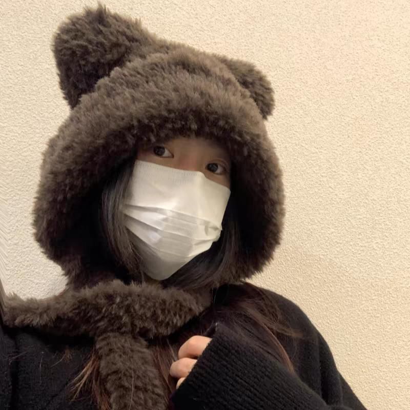 Plain Ribbed Ear Bear Beanie Fluffy Hat /