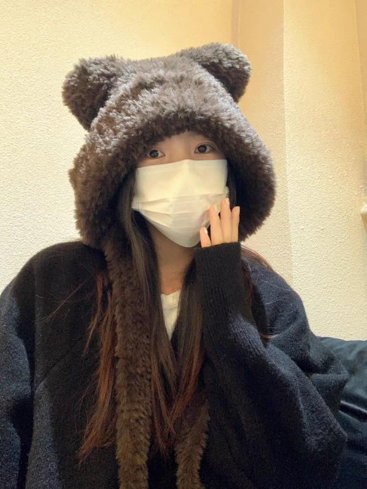 Plain Ribbed Ear Bear Beanie Fluffy Hat /