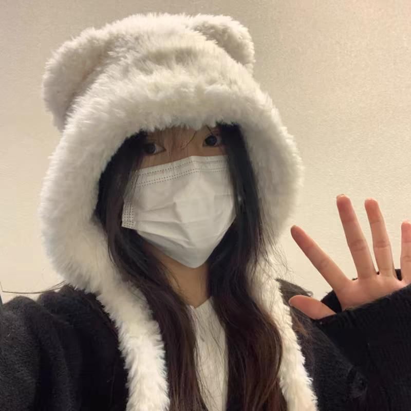 Hat / Bear Plain Ear Beanie Fluffy Ribbed