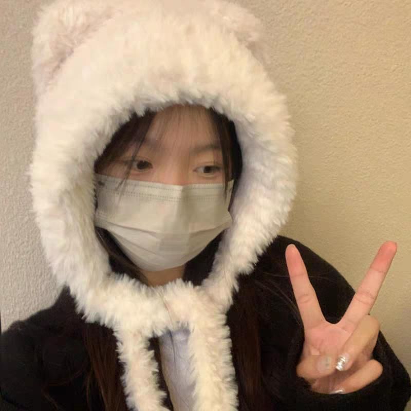 Hat / Bear Plain Ear Beanie Fluffy Ribbed