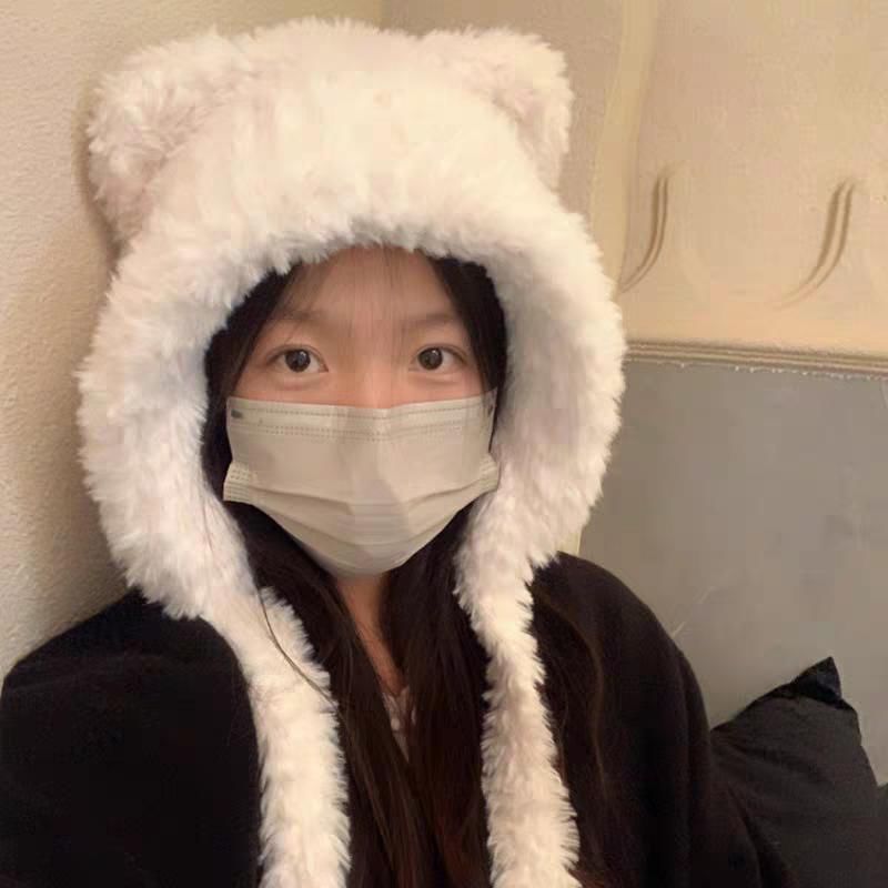 Hat / Bear Plain Ear Beanie Fluffy Ribbed