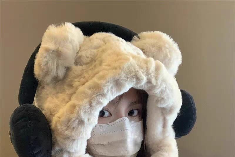 Scarf Ribbed Bear Hooded Beanie / Fluffy Ear