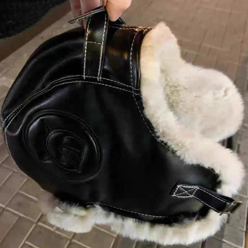 Trapper Fluffy Hat Faux / Plain Leather Panel