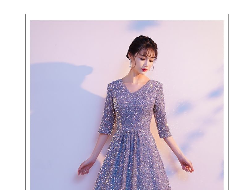 Sequin Elbow-Sleeve V-Neck A-Line Gown Evening