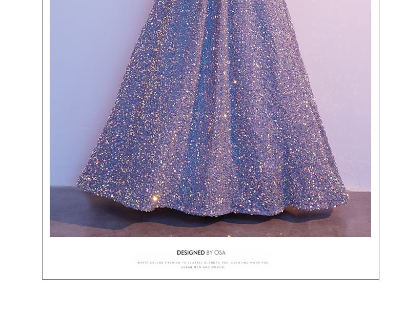 Sequin Elbow-Sleeve V-Neck A-Line Gown Evening