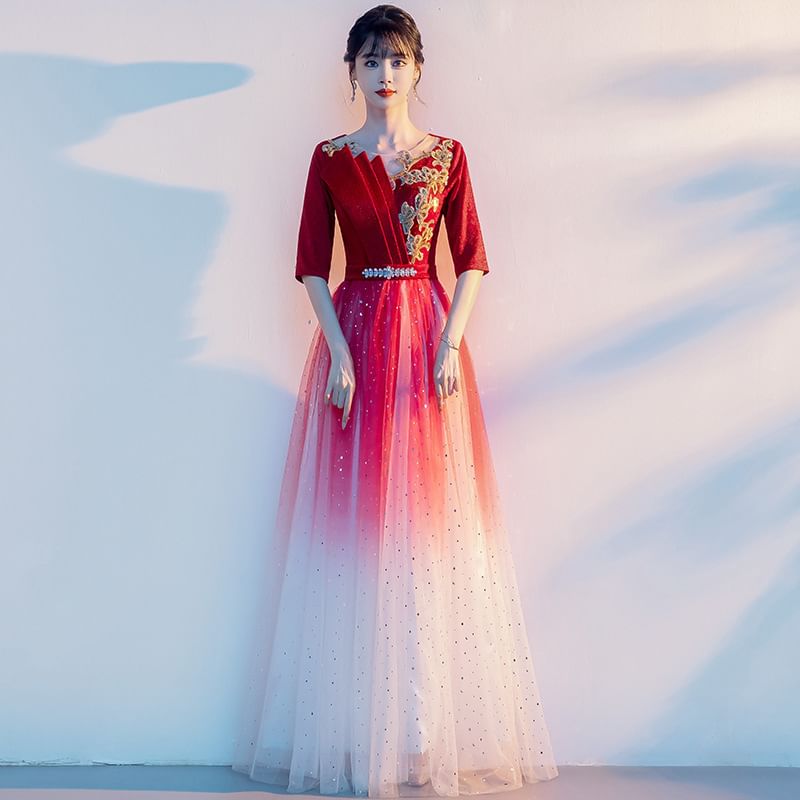 Elbow-Sleeve A-Line Gown Flower Embroidered Sequin Evening Gradient