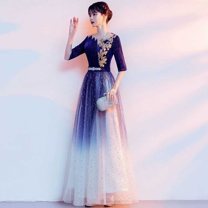 Elbow-Sleeve A-Line Gown Flower Embroidered Sequin Evening Gradient