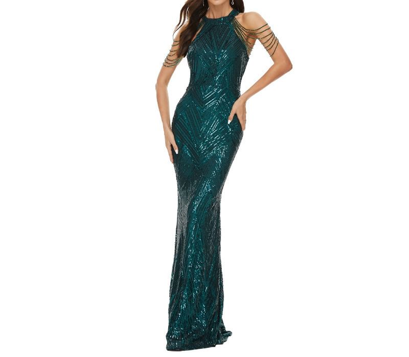 Evening Halter Strappy Mermaid Gown Beaded Sequin