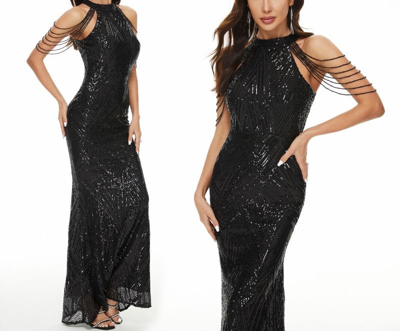 Evening Halter Strappy Mermaid Gown Beaded Sequin