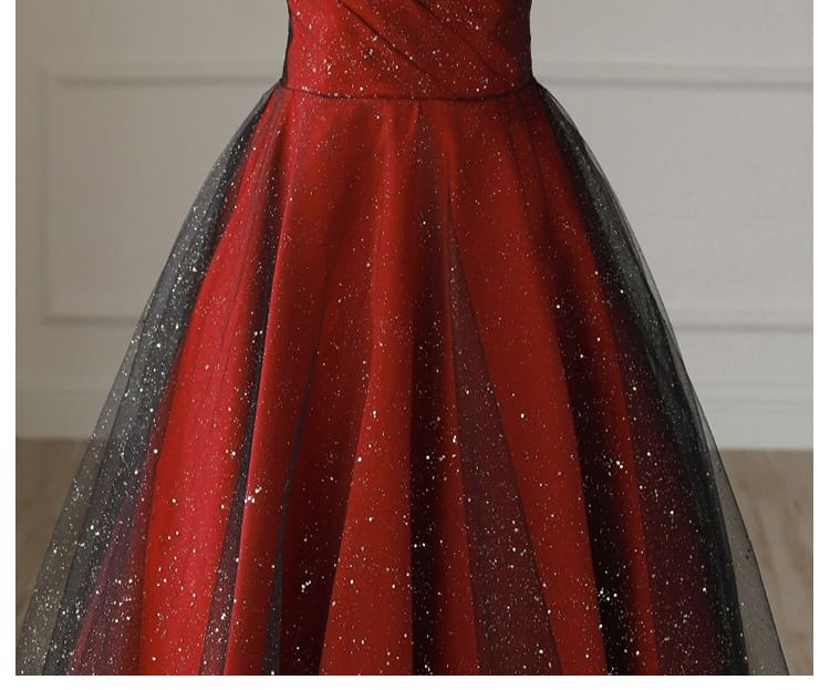 Mesh Glitter Gown A-Line Asymmetrical Evening Off-Shoulder Panel