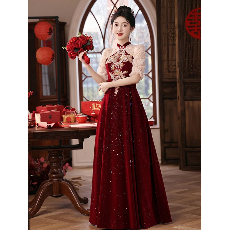 Puff-Sleeve Embroidered Flower A-Line Gown Evening Sequin
