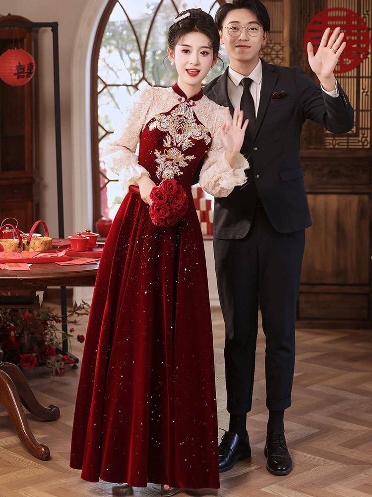 Puff-Sleeve Embroidered Flower A-Line Gown Evening Sequin