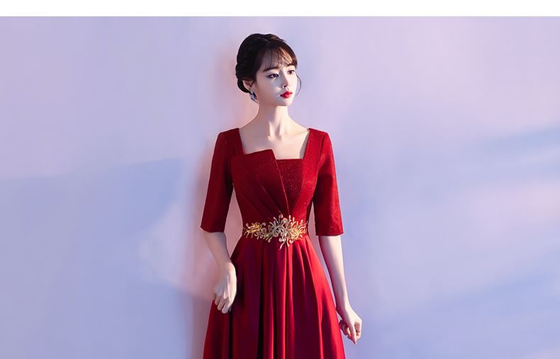 Elbow-Sleeve Gown Evening Square Neck A-Line Embroidered